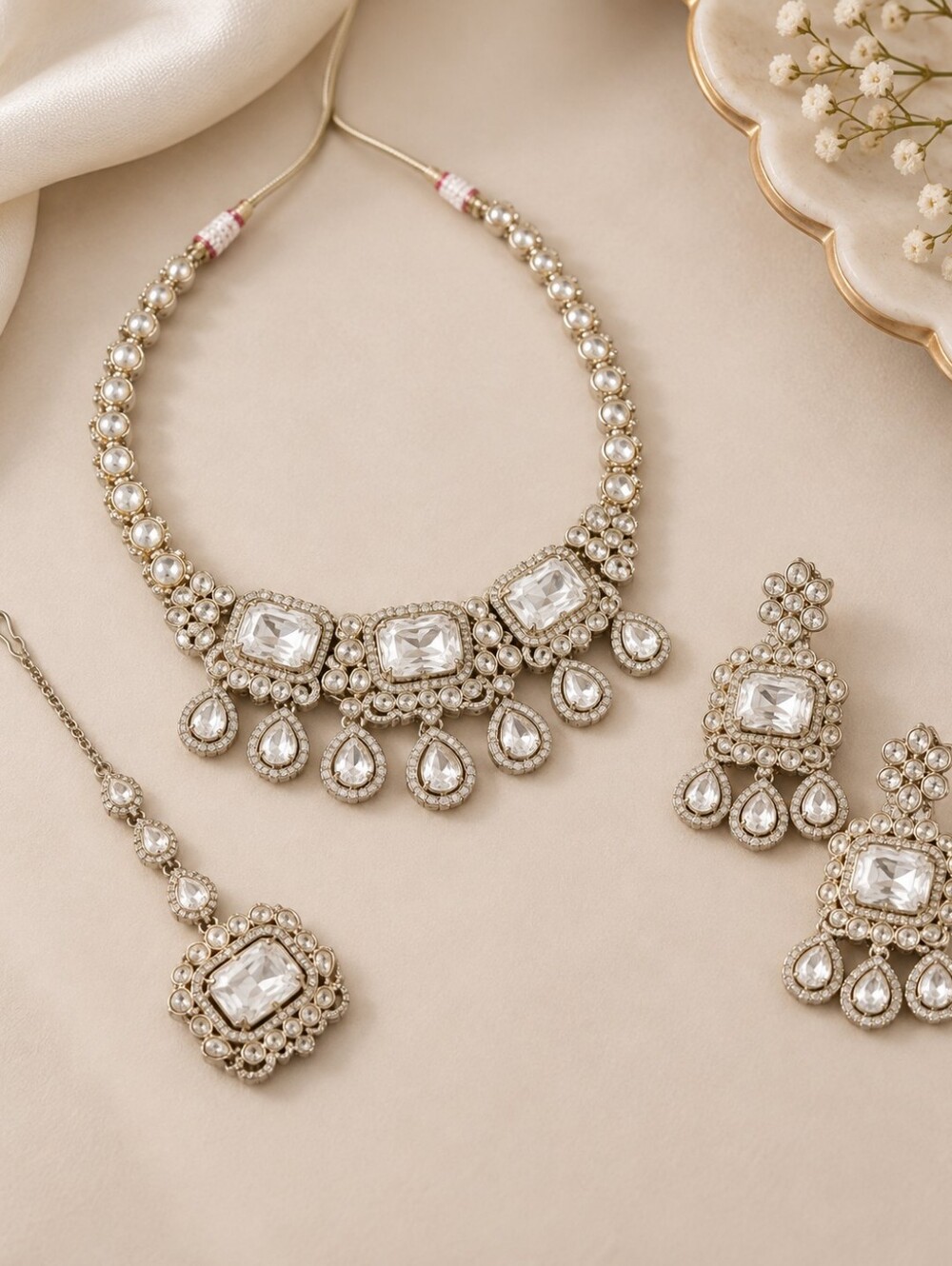 Silver Zircon Polki Necklace Set with Earrings & Maang Tikka